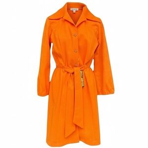 70s Bright Orange Quintess Polyester Dagger Collar Dress with Belt, Deadstock